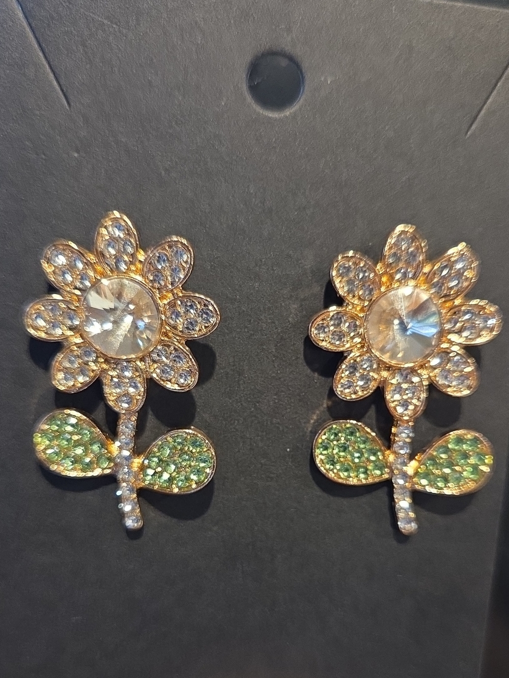 Gold-Tone Floral Crystal Drop Earrings with Green Leaf Accents